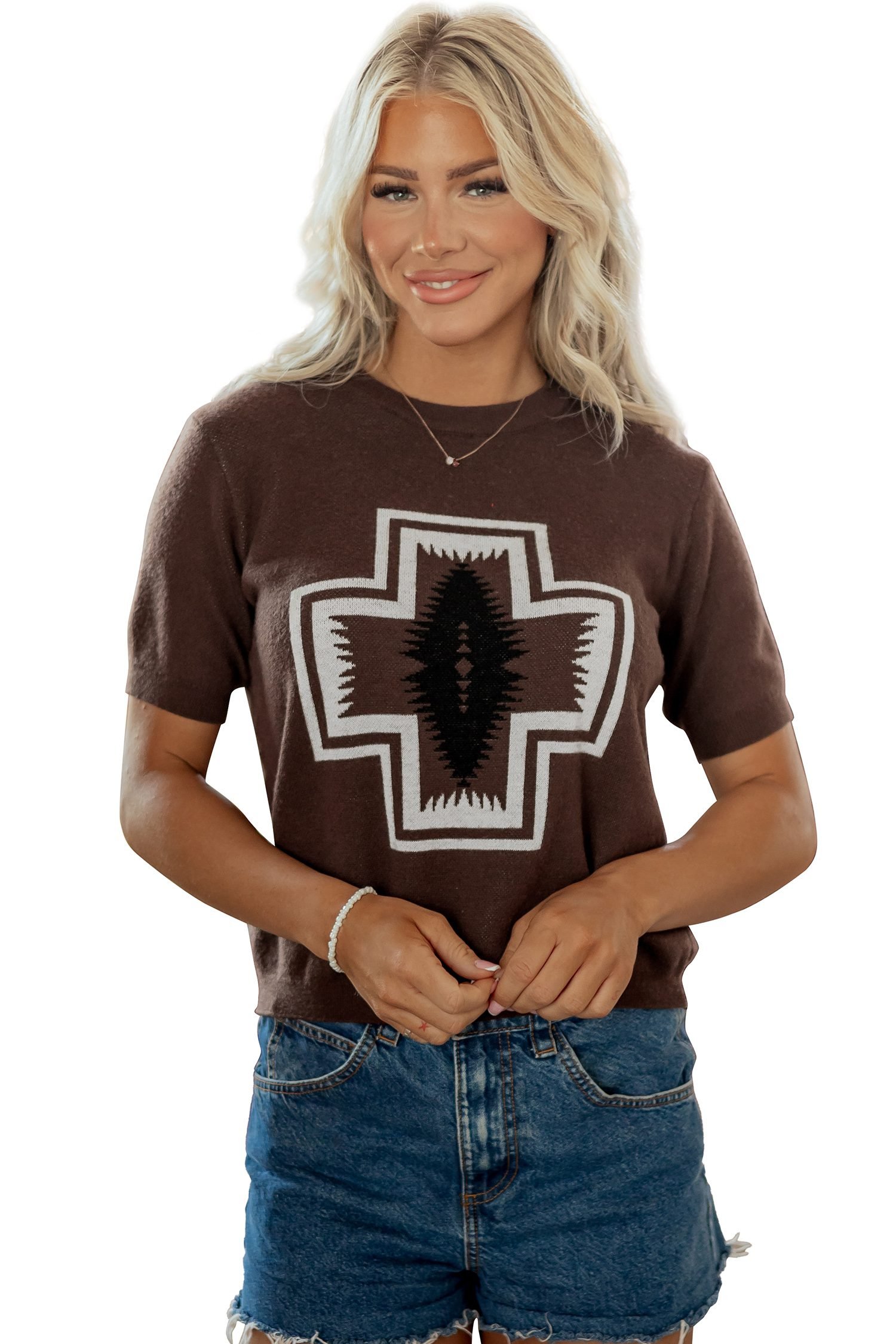 Brown Western Print Short Sleeve Knit Casual Sweater - Image 20