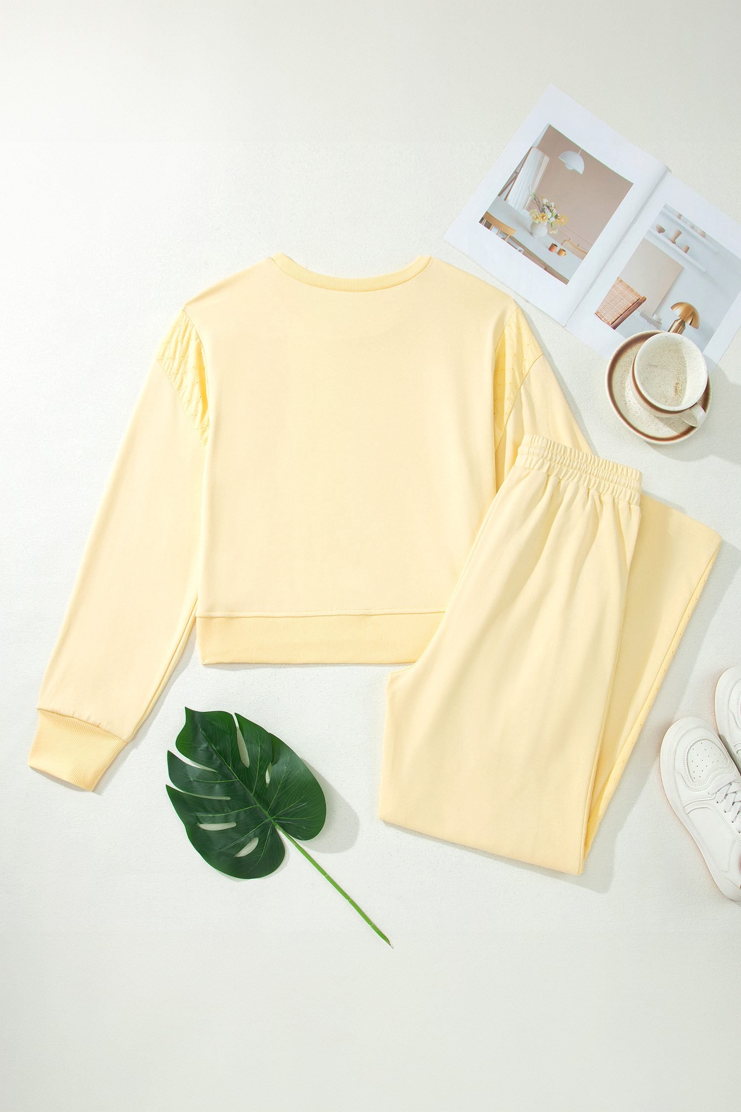 Yellow Cream Eyelet Embroidered Lace Patchwork Cropped Pullover Drawstring Pants Set - Image 4
