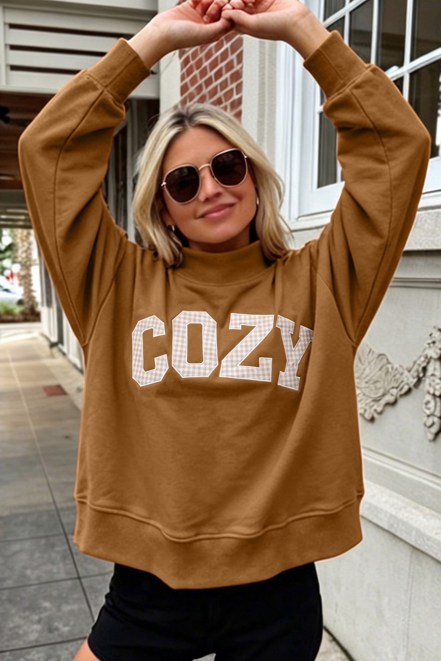 Chestnu COZY Embroidered Long Sleeve Stand Neck Shift Pullover Sweatshirt - Image 3