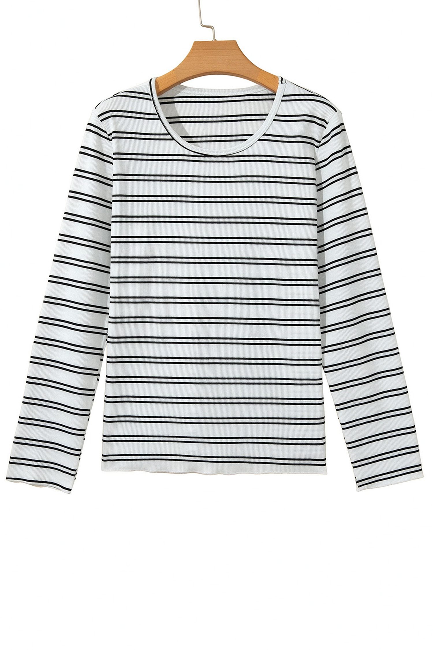 Beige Stripe Ribbed Knit Round Neck Long Sleeve Top - Image 11