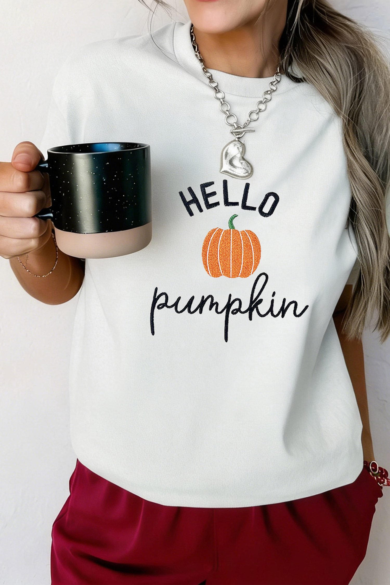 White Embroidered Pumpkin Slogan Short Sleeve T-Shirt - Image 3