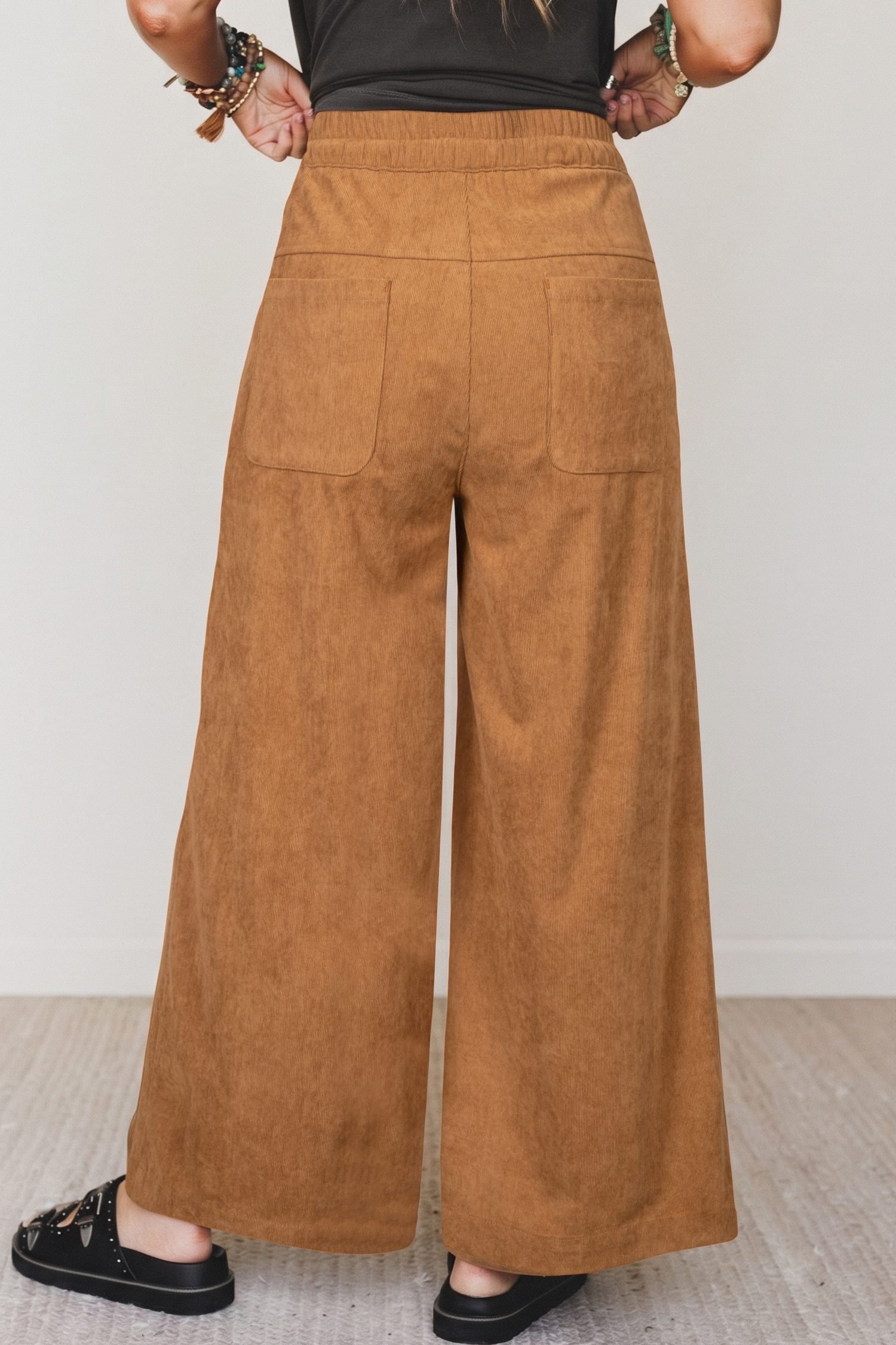 Thai Curry Elastic Waist Wooden Button Placket Ankle Length Wide Leg Pants - Image 5
