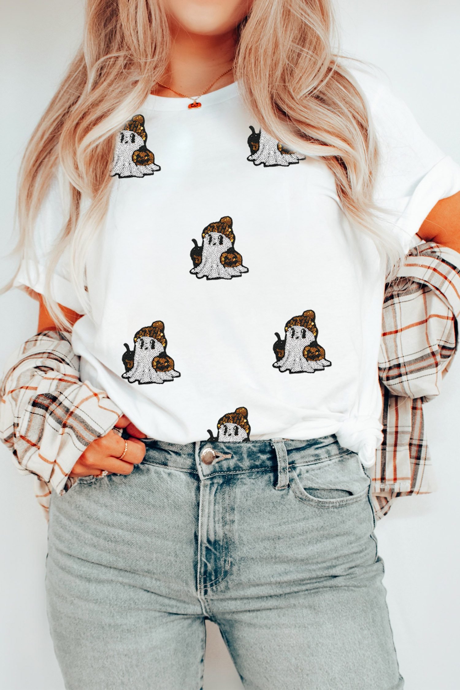 White Sequin Ghost Print Short Sleeve Casual Halloween Graphic T-Shirt - Image 5