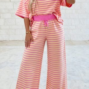 Pink Stripe Colorblock Trim Crew Neck Loose Tee Drawstring Elastic Waist 2pcs Pant Set