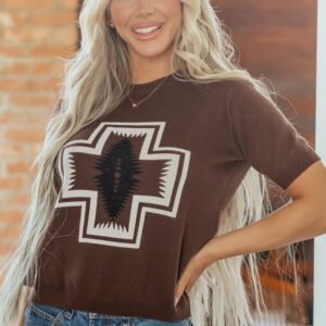 Brown Western Print Short Sleeve Knit Casual Sweater