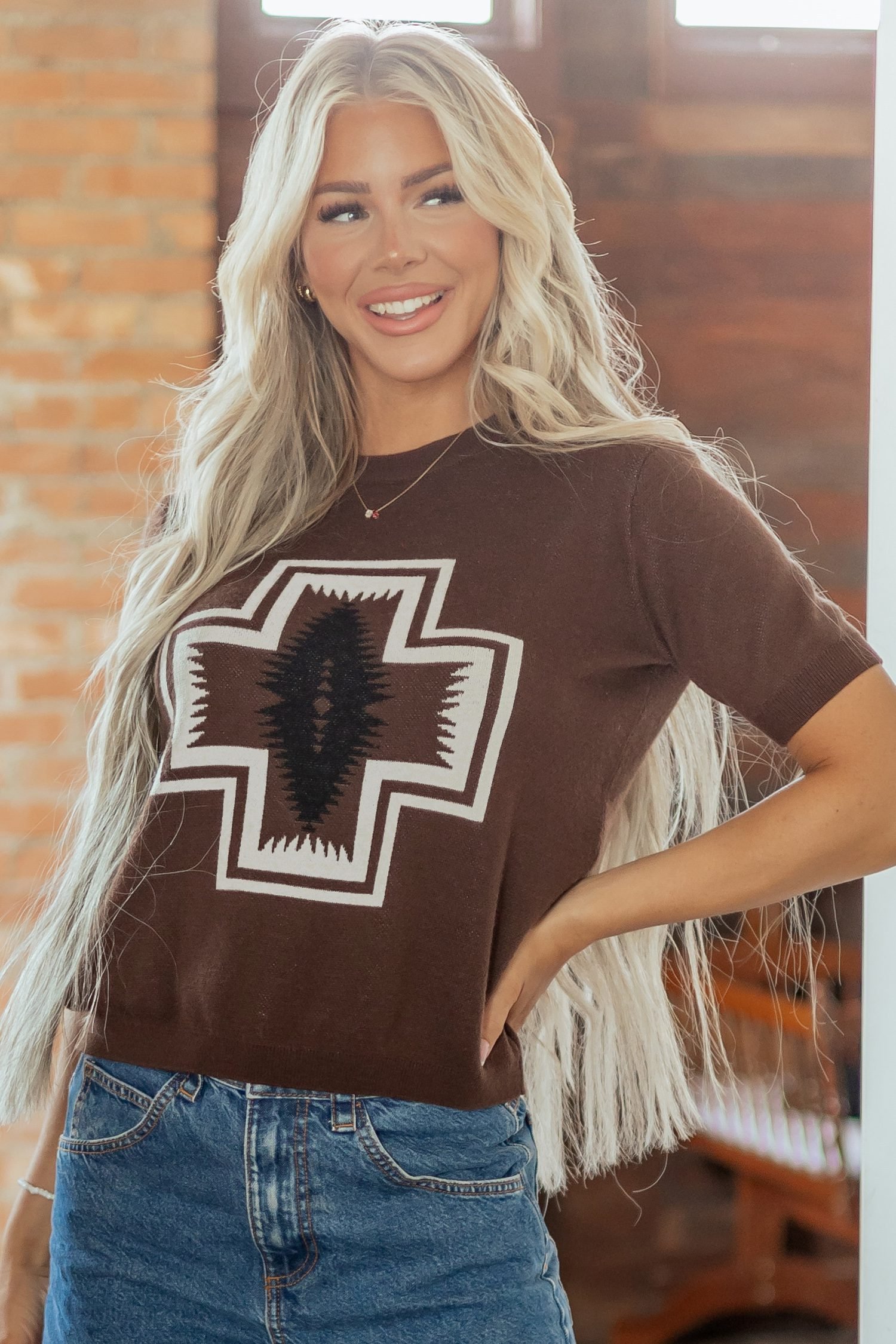 Brown Western Print Short Sleeve Knit Casual Sweater