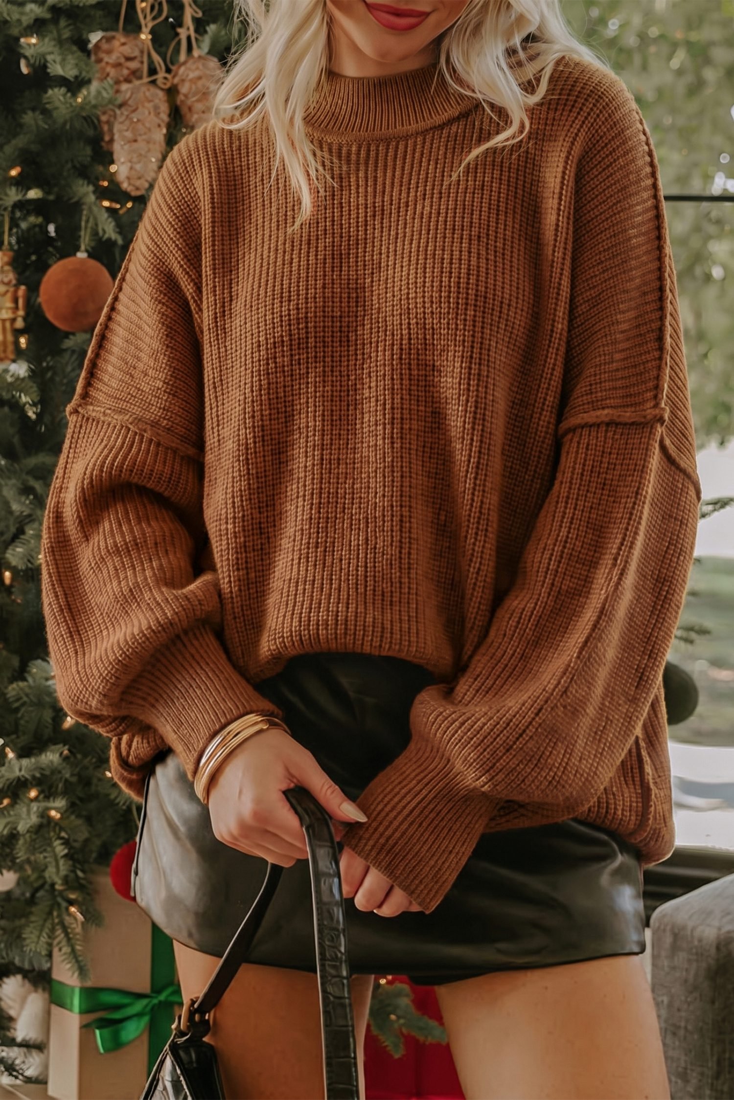 Chestnut Long Sleeve Ribbed Knit Stand Neck Regular Fit Sweater - Image 9