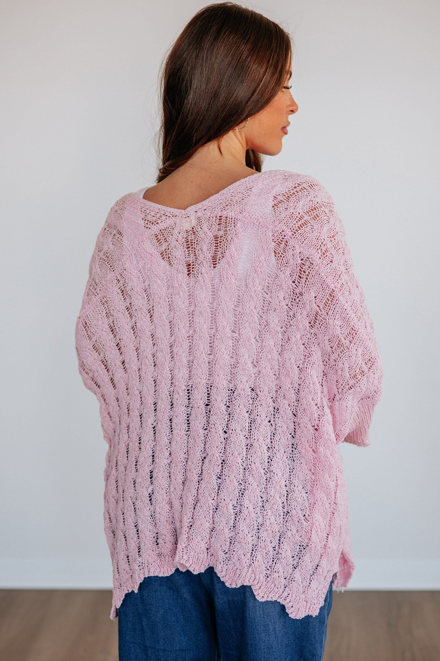 Pink Drop Shoulder Crochet Knit Open Front Cardigan - Image 5