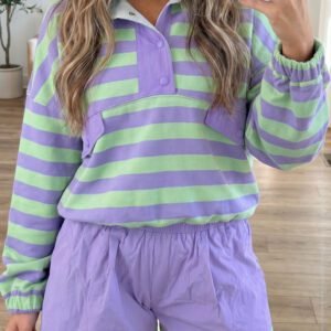 Purple Stripe Half Button Long Sleeve Top Mix and Match Shorts 2pcs Set