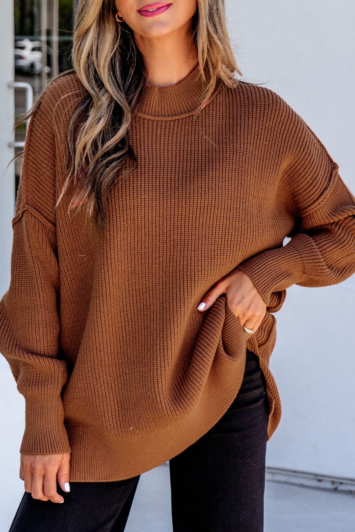 Chestnut Long Sleeve Ribbed Knit Stand Neck Regular Fit Sweater - Image 8