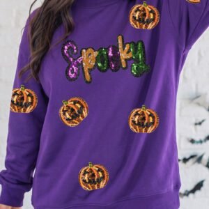 Tillandsia Purple Sequin Pumpkin Spooky Graphic Halloween Pullover Sweatshirt