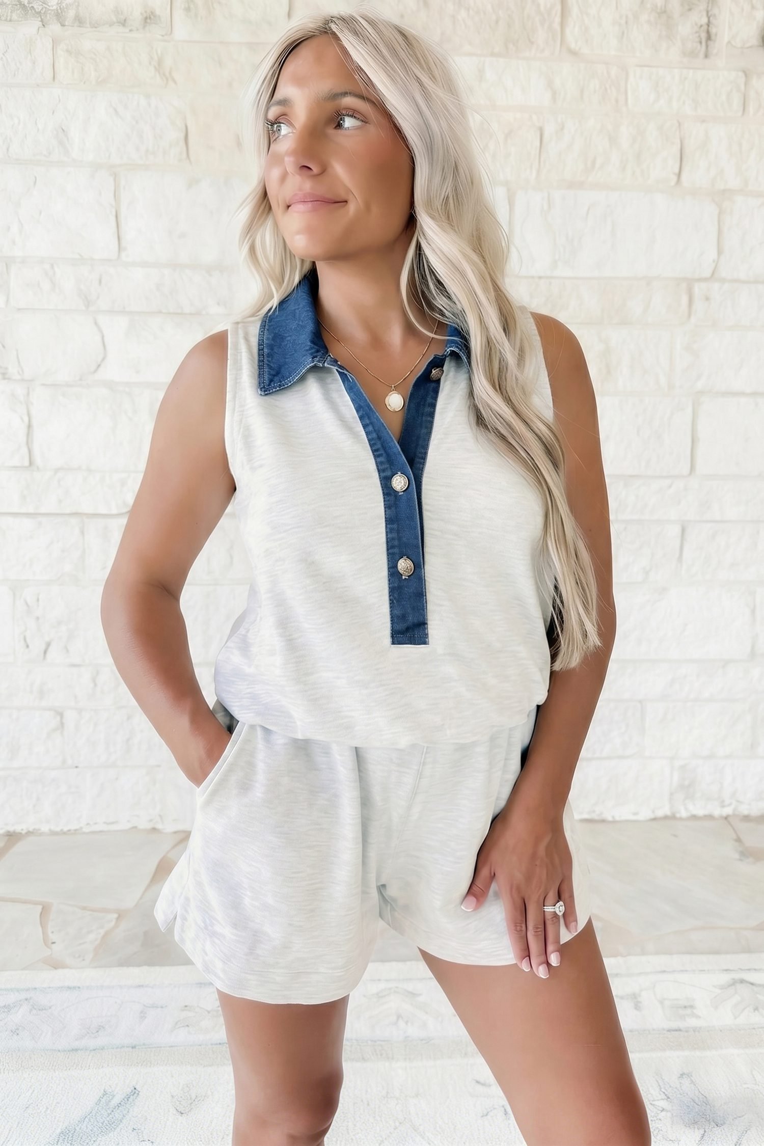 Light Grey Denim Patchwork Polo Collar Elastic Waist Sleeveless Romper - Image 3