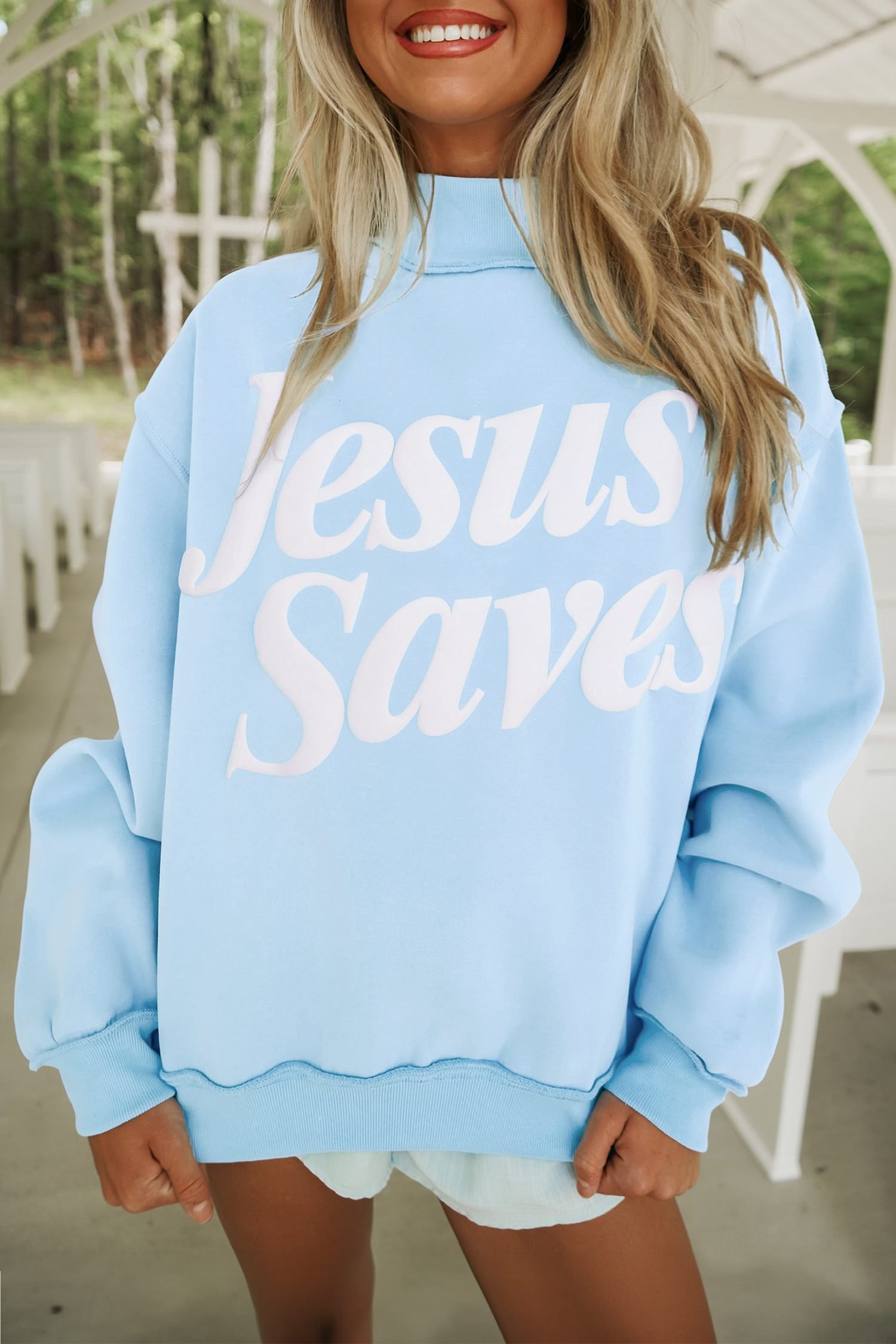 Mist Blue Jesus Saves Slogan Print Stand Neck Baggy Sweatshirt - Image 2