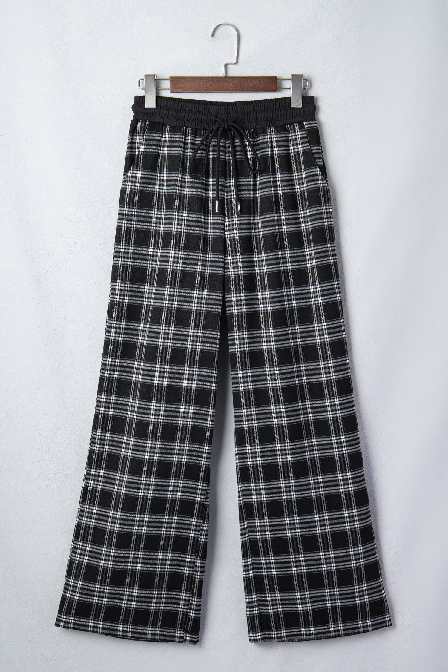 Black Frenchy Plaid Pattern Contrast Drawstring Waist Wide Leg Pants - Image 6