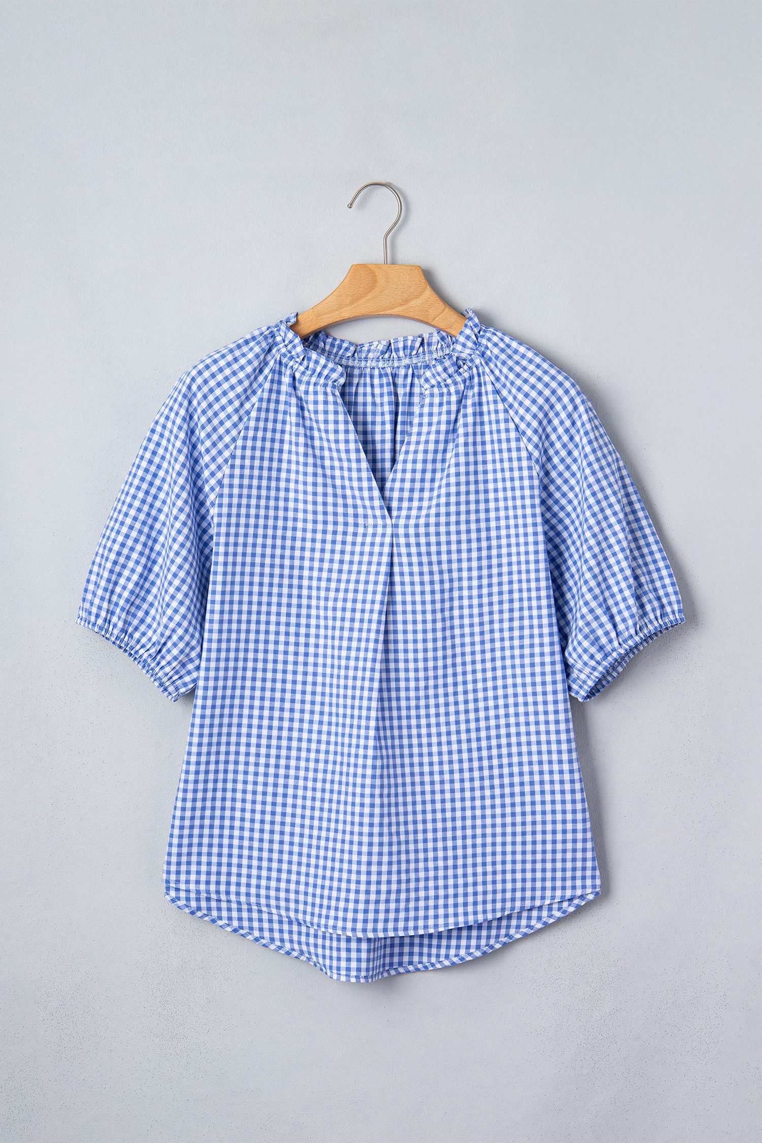 Sky Blue Summer Plaid V Neck Puff Sleeve Blouse - Image 7