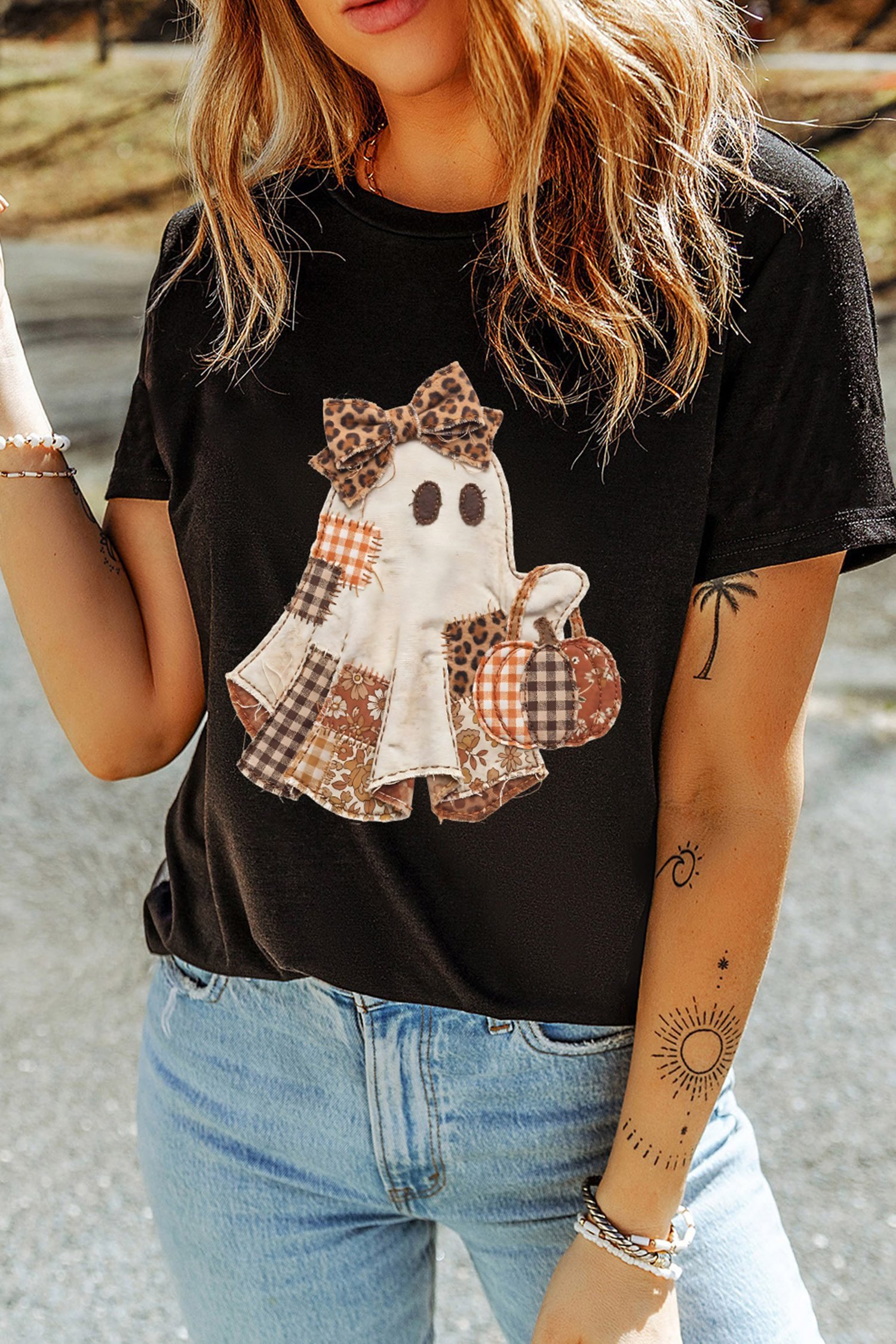 Black Halloween Ghost Applique Graphic T-Shirt - Image 6