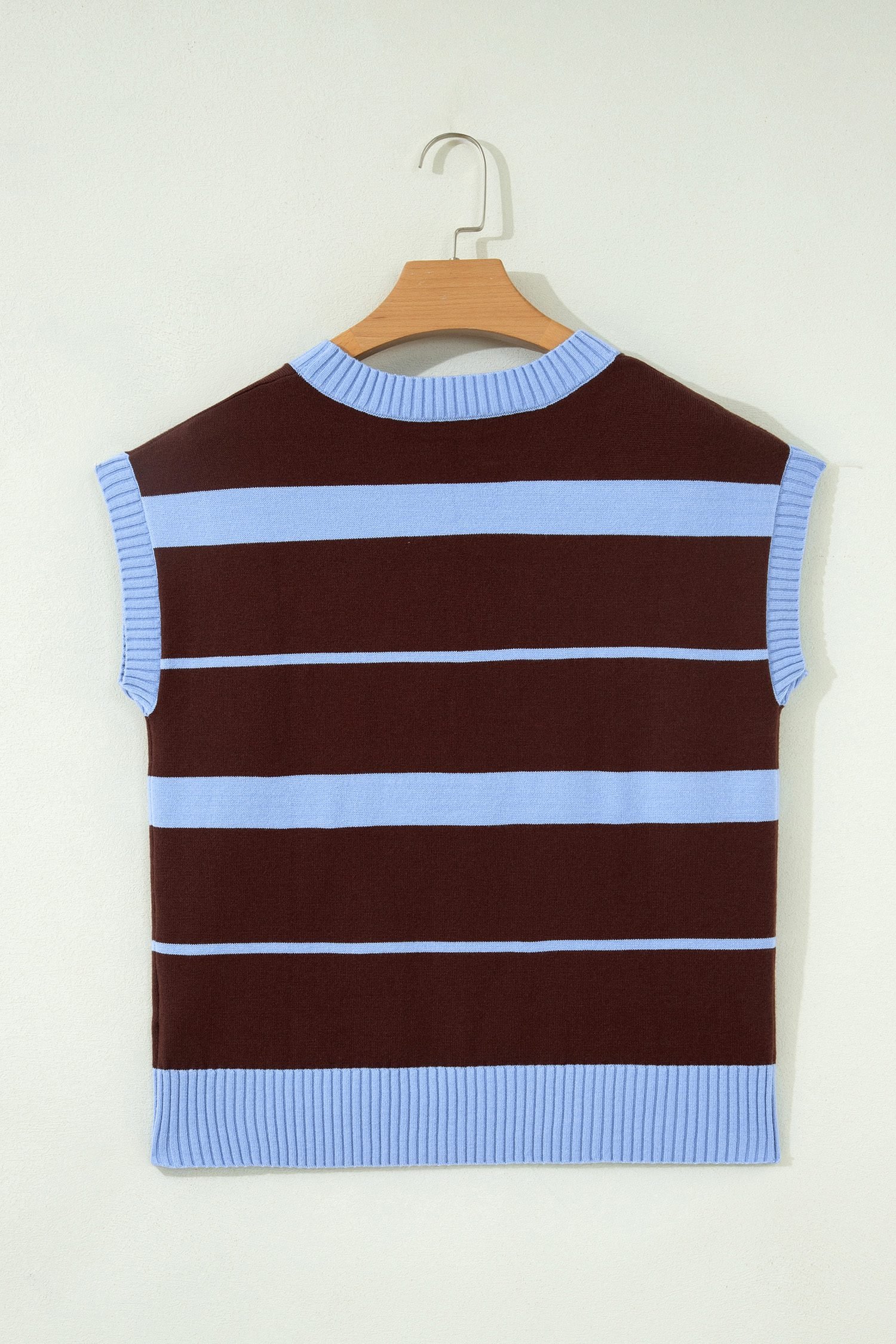 Sky Blue Stripe Striped Short Sleeve Round Neck Casual Knit Top - Image 7