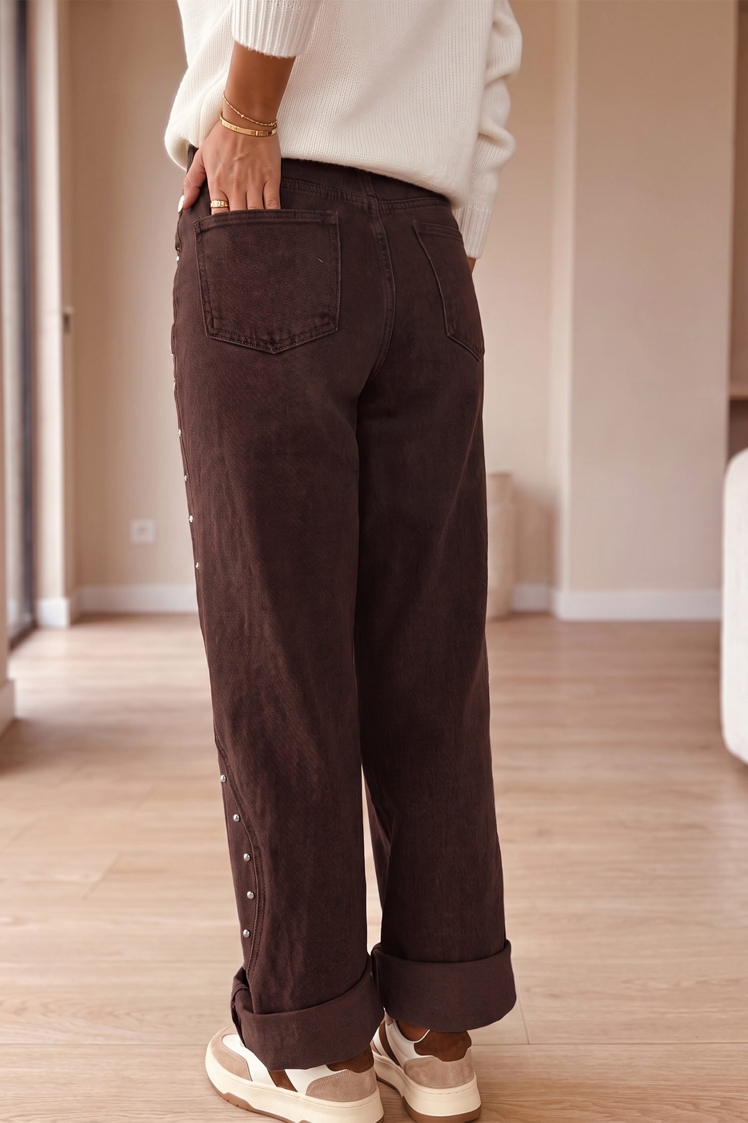Coffee Side Seam Rivet Detail Ankle Length Casual Jeans - Image 2