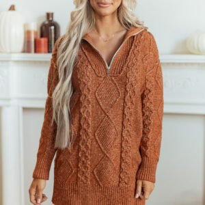 Clay Zip-Up Cable Knit Drop Shoulder Sweater Dress