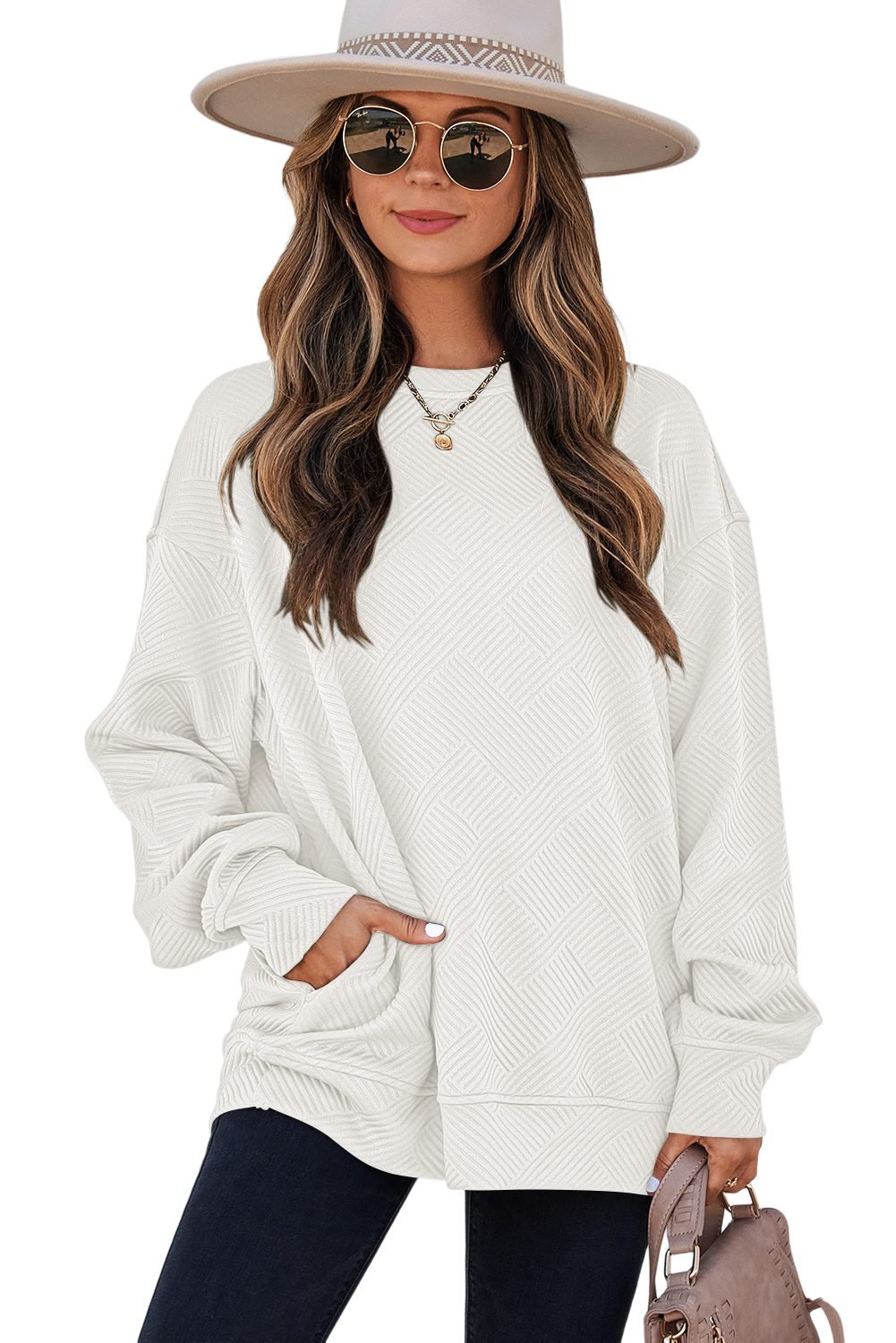 White Solid Color Textured Round Neck Drop Shoulder Pullover Sweatshirt - Image 6