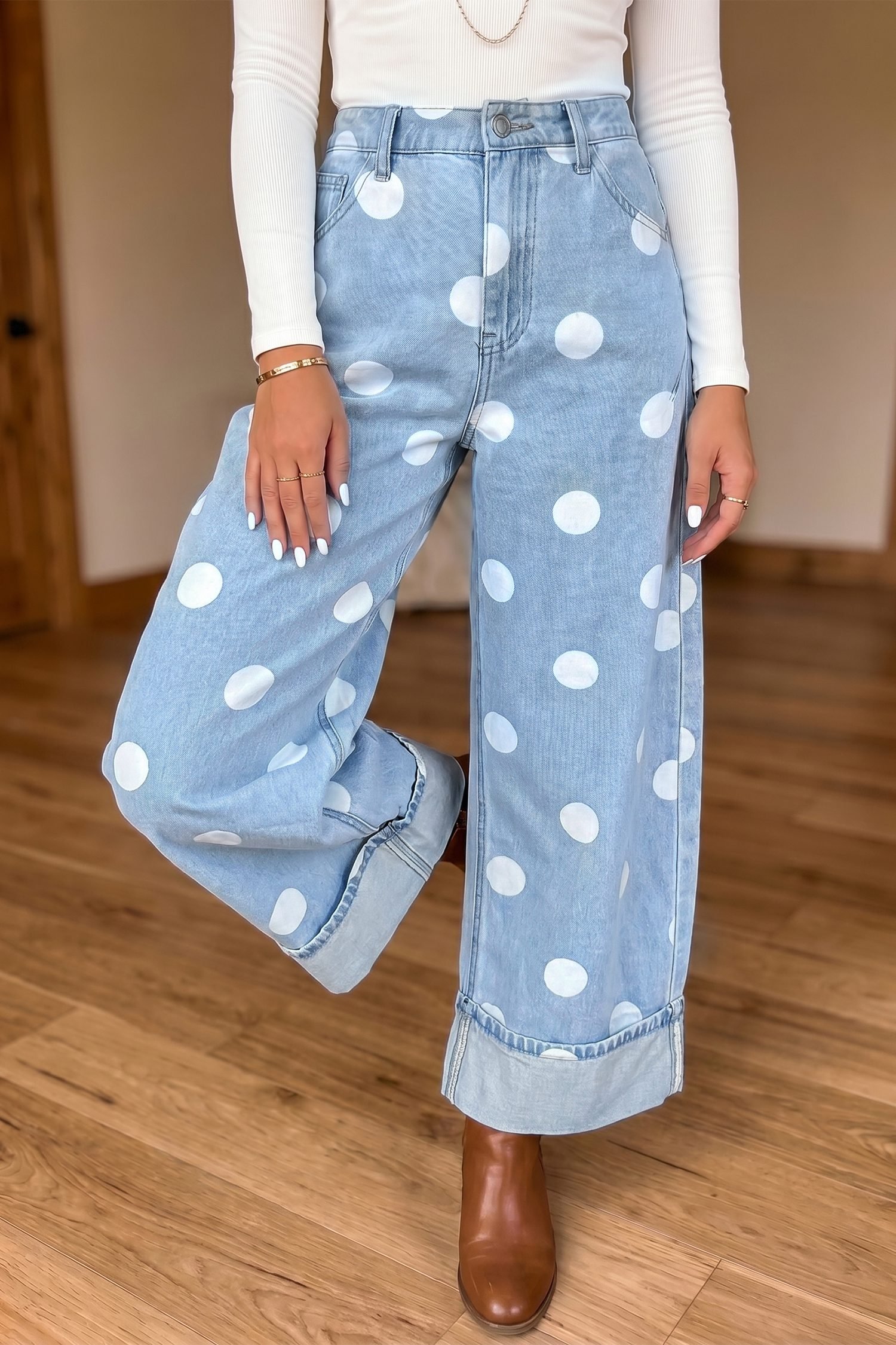 Sky Blue Polka Dot Ankle-Length Metal Button Casual Jeans - Image 2