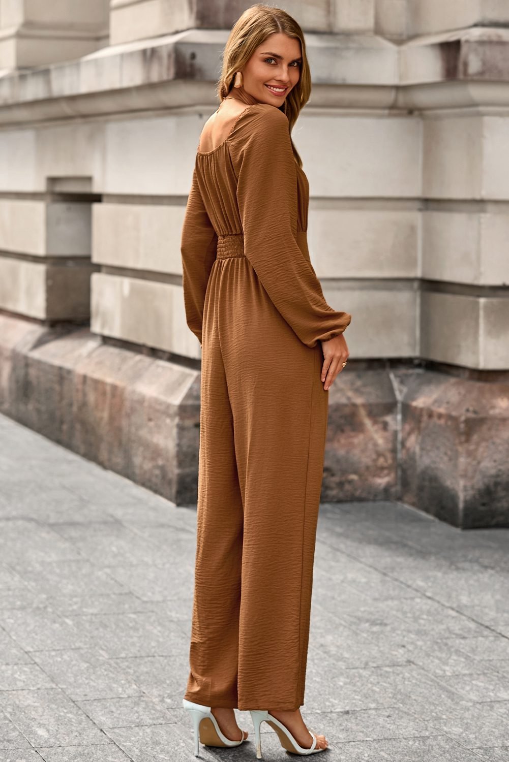 Chestnut Solid Color Long Sleeve Shirred Button Detail Straight Leg Jumpsuit - Image 2