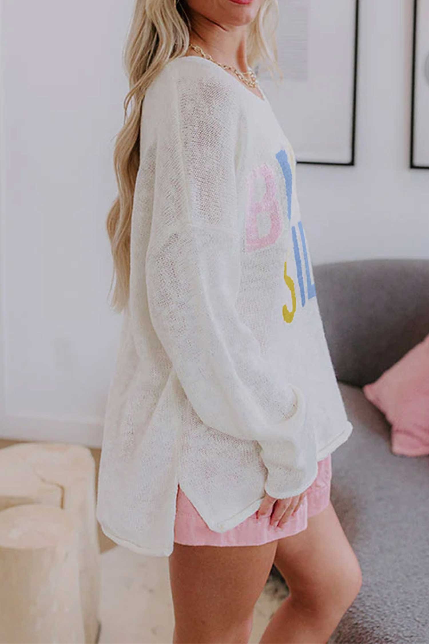 White V Neck Lightweight Knit BEACH SIDE Shift Tunic Sweater - Image 3