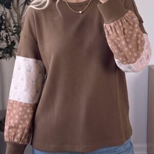 Coffee Floral Print Colorblock Long Sleeve Textured Loose Pullover Tunic Top