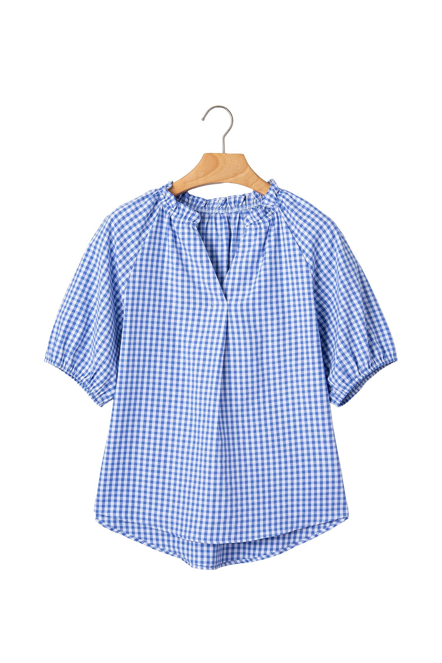 Sky Blue Summer Plaid V Neck Puff Sleeve Blouse - Image 14