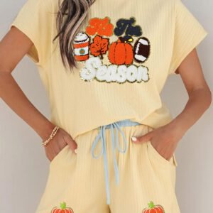 Yellow Cream Ribbed Color Block Trim Chenille Pumpkin Patchwork Graphic Short 3pcs Set