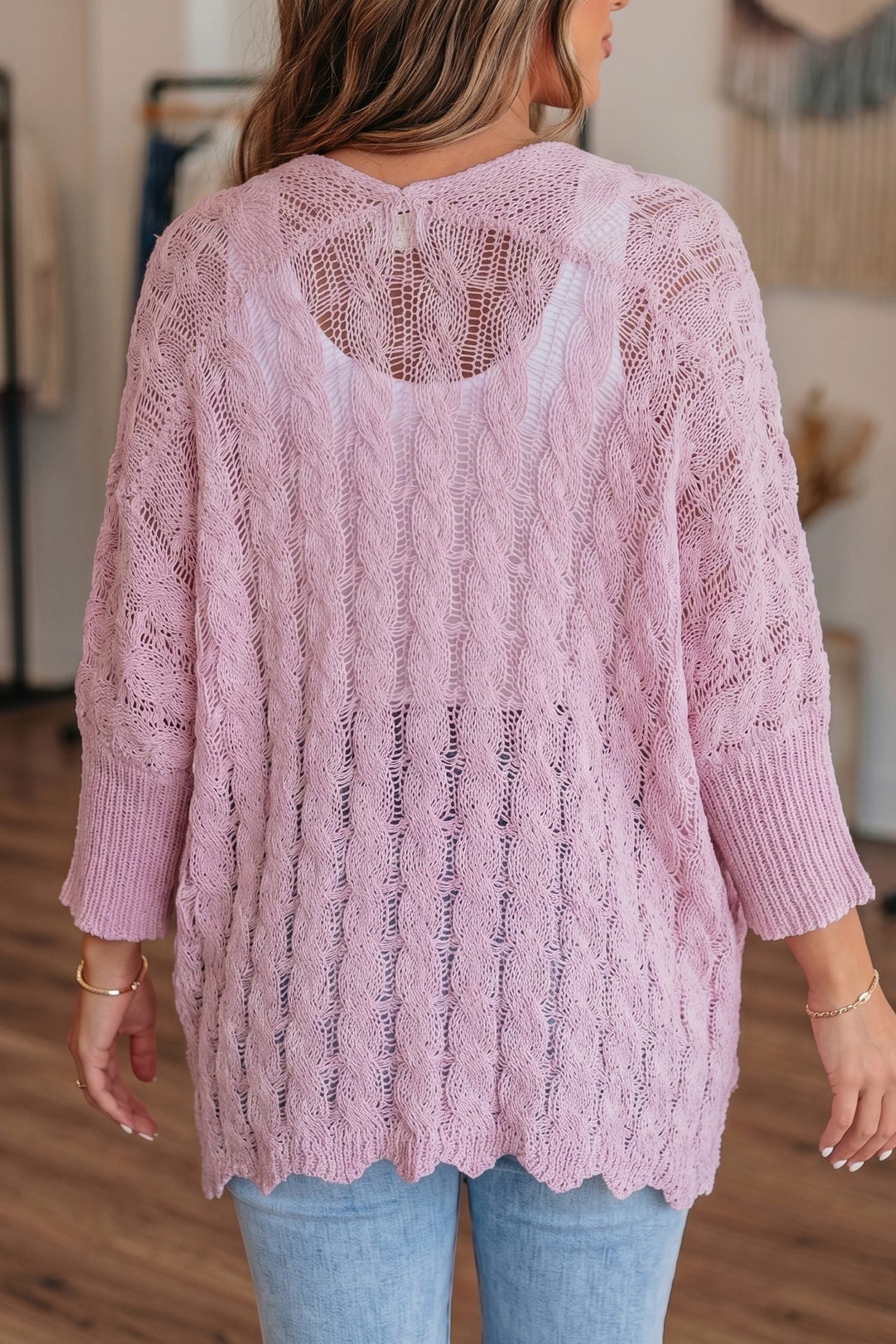 Pink Drop Shoulder Crochet Knit Open Front Cardigan - Image 2