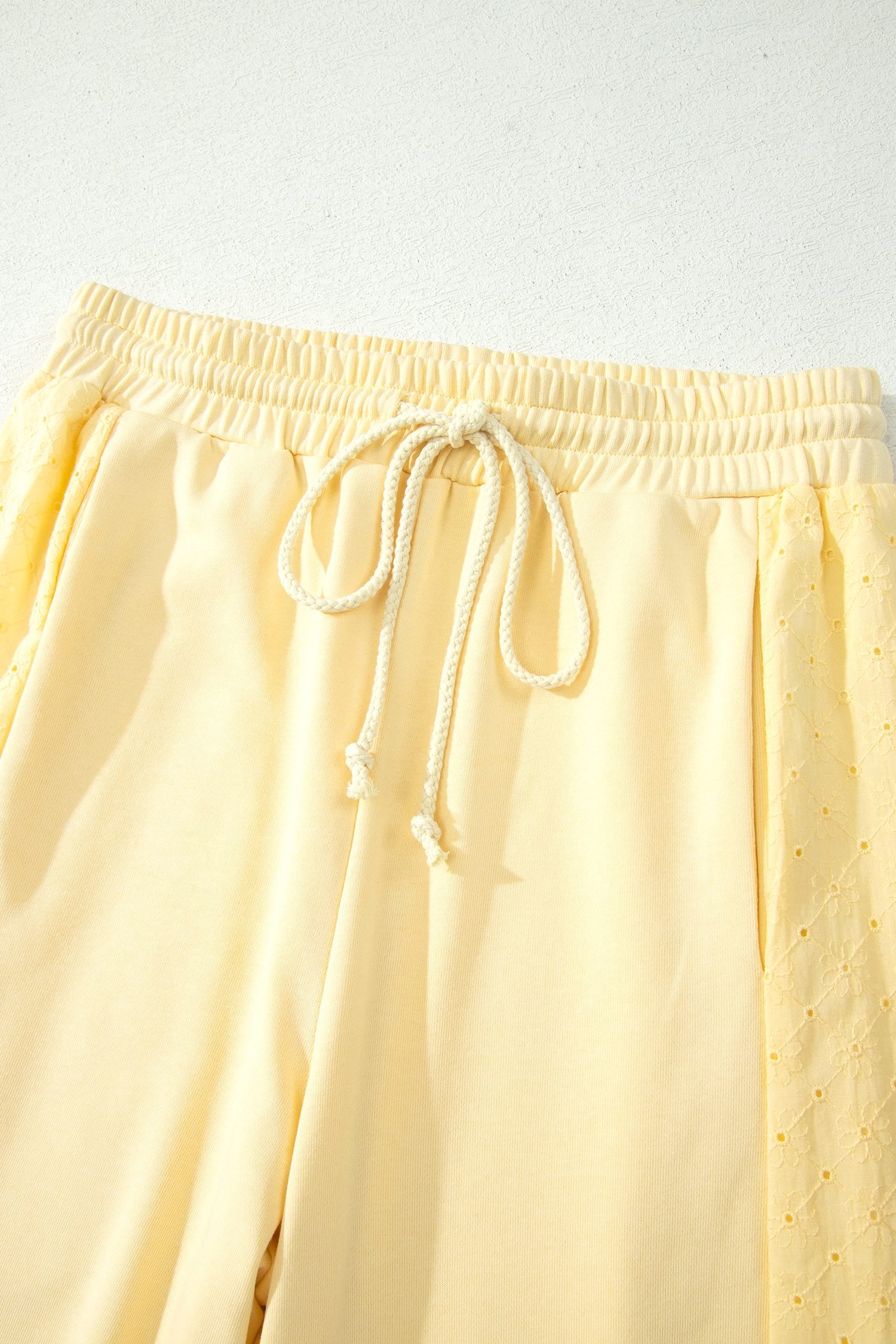 Yellow Cream Eyelet Embroidered Lace Patchwork Cropped Pullover Drawstring Pants Set - Image 8