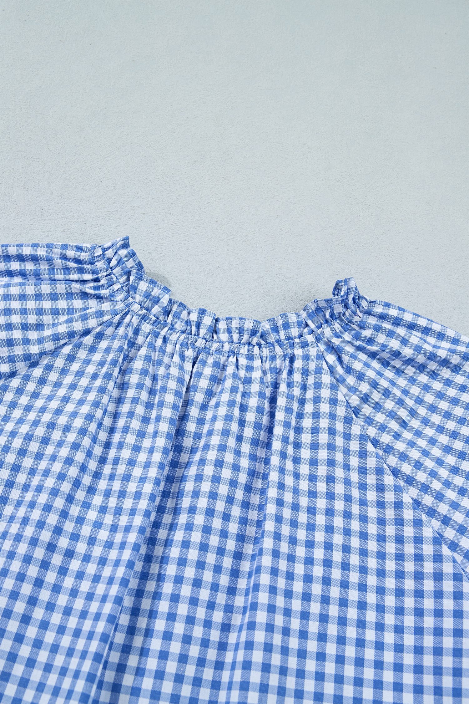 Sky Blue Summer Plaid V Neck Puff Sleeve Blouse - Image 12