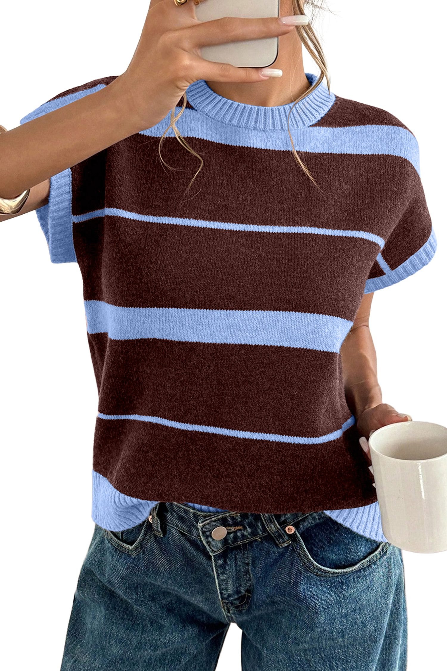 Sky Blue Stripe Striped Short Sleeve Round Neck Casual Knit Top - Image 13