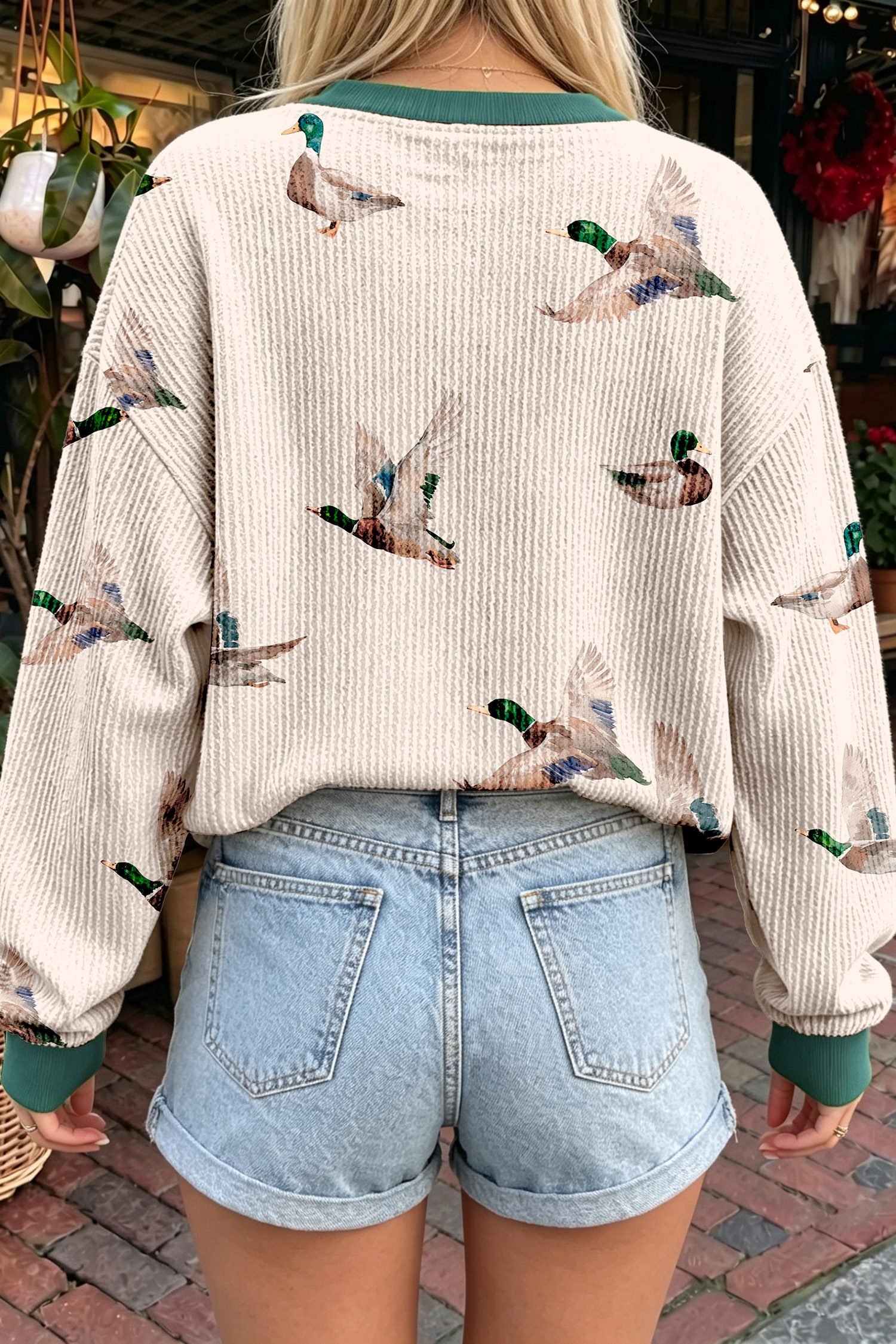 Beige Twisted Ribbed Duck Print Crewneck Casual Pullover Top - Image 2