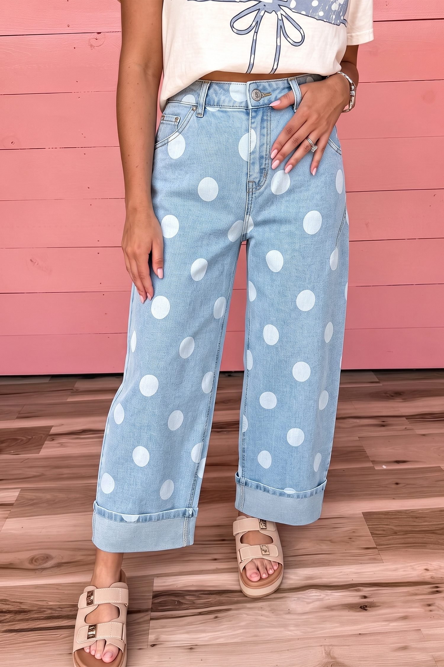 Sky Blue Polka Dot Ankle-Length Metal Button Casual Jeans - Image 3