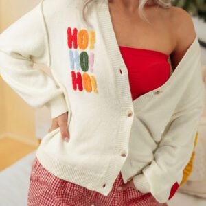 White Ho Ho Ho Slogan V Neck Button Front Embroidered Knit Cardigan