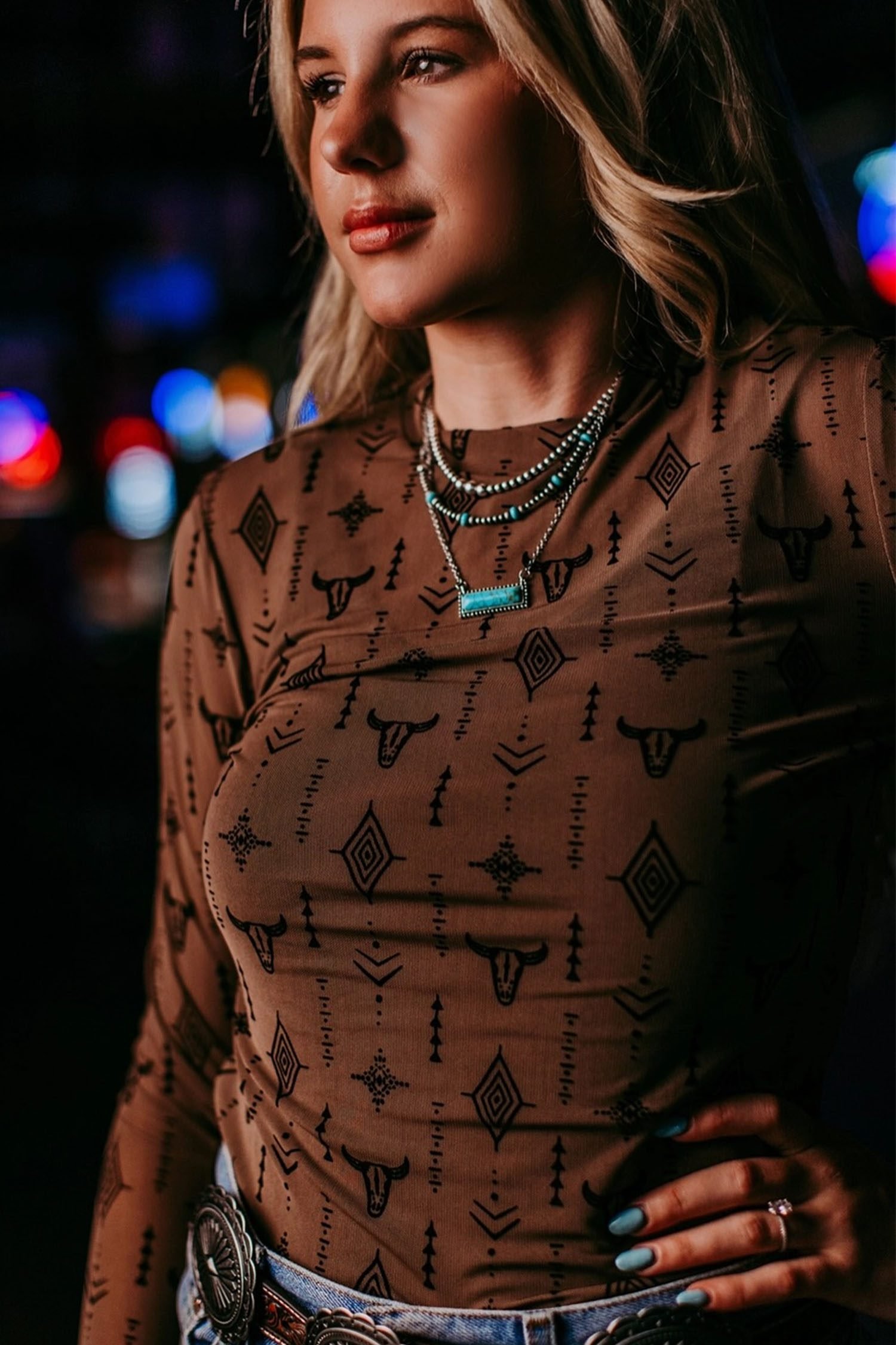 Chestnut Retro Western Print Mesh Long Sleeve Sheath Top - Image 2