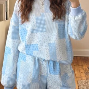 Sky Blue Patchwork Floral Print Drop Shoulder Baggy Pullover Drawstring Shorts Set