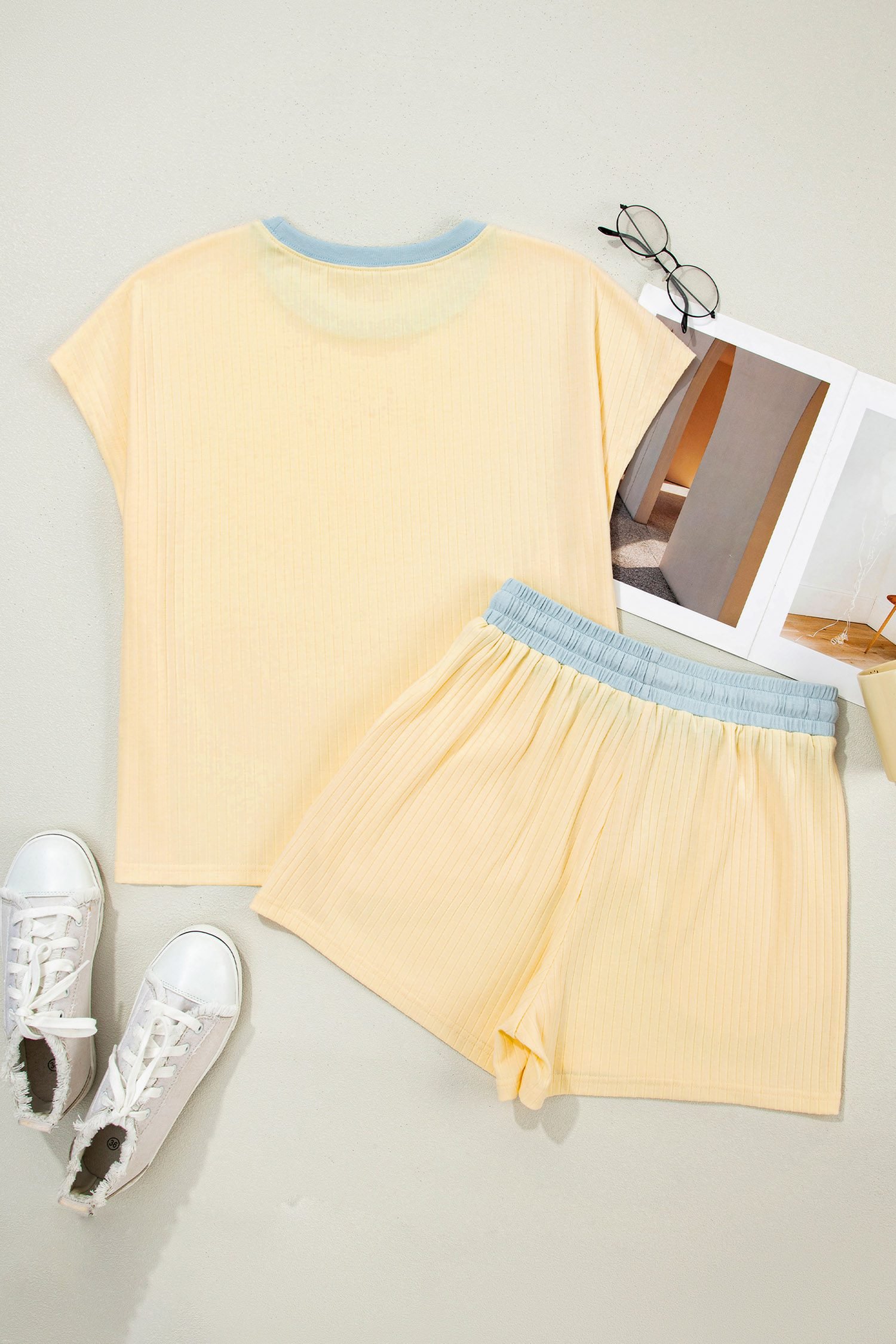 Yellow Cream Ribbed Color Block Trim Chenille Pumpkin Patchwork Graphic Short 3pcs Set - Image 6