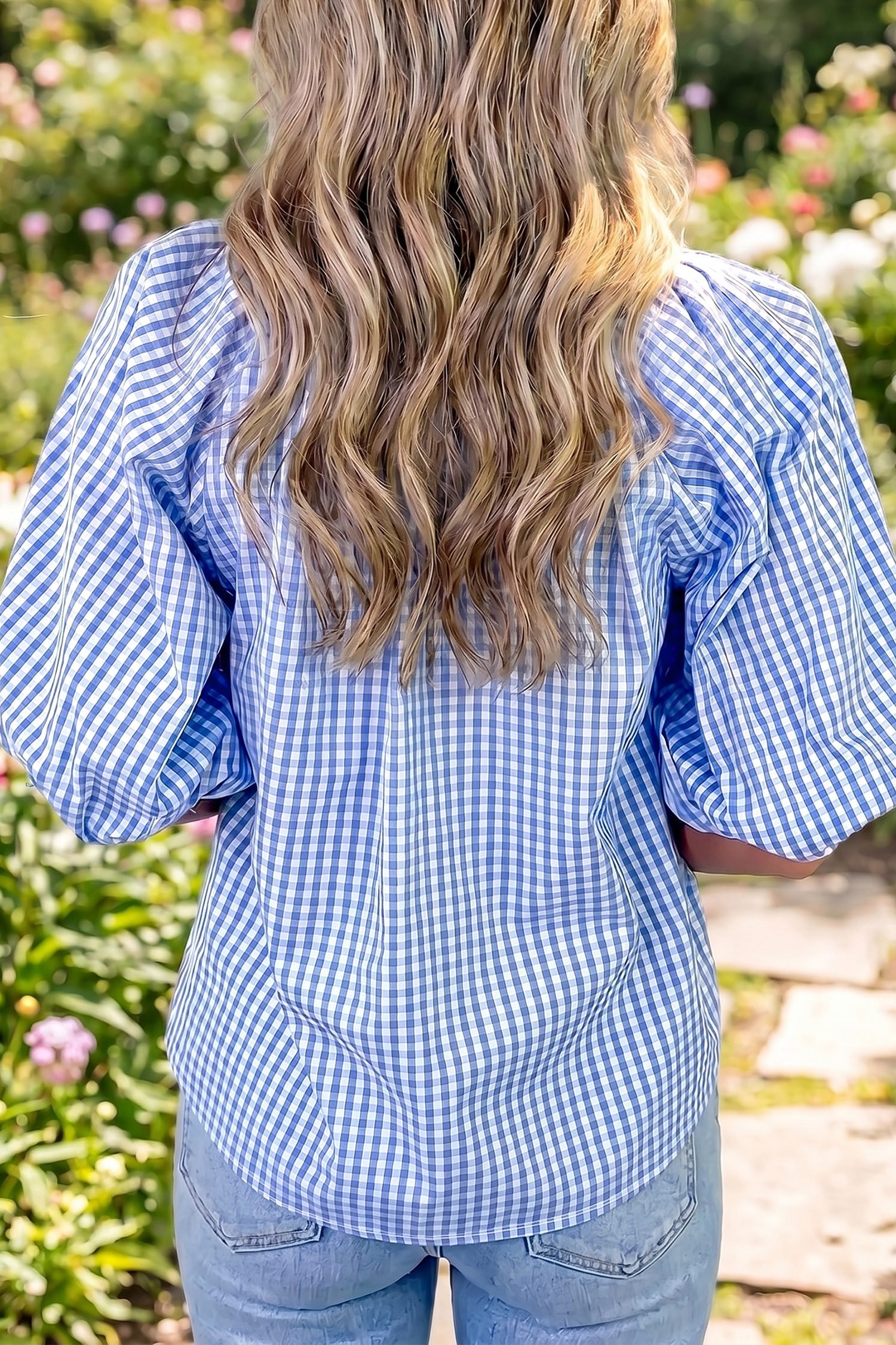 Sky Blue Summer Plaid V Neck Puff Sleeve Blouse - Image 2