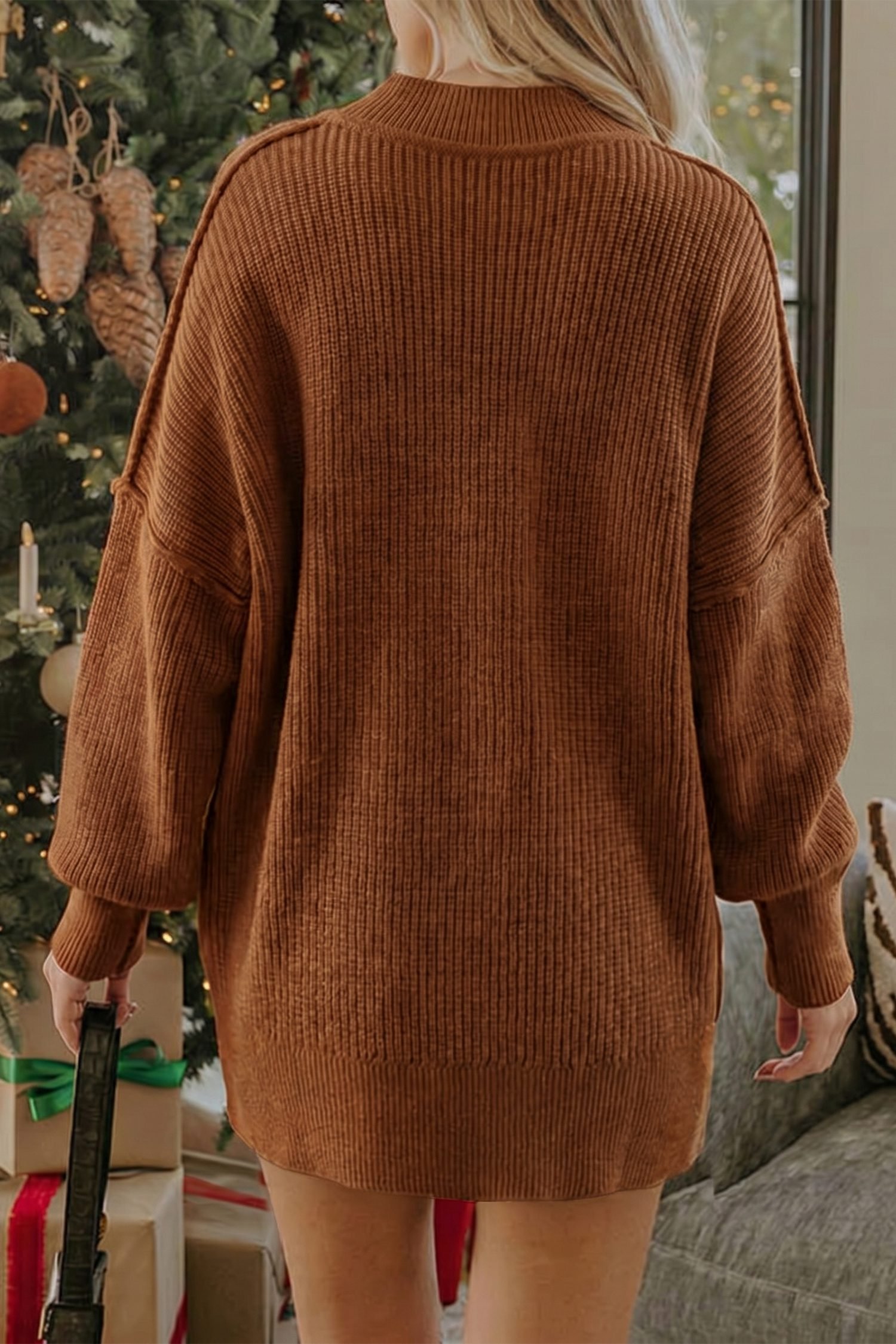 Chestnut Long Sleeve Ribbed Knit Stand Neck Regular Fit Sweater - Image 10