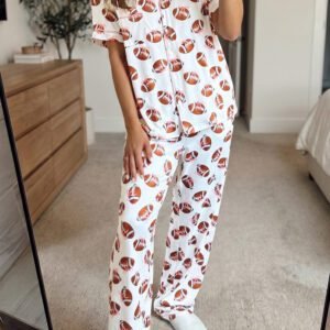 White Rugby Print Short Sleeve Button Down Top Loose Pants Game Day Pajama Set
