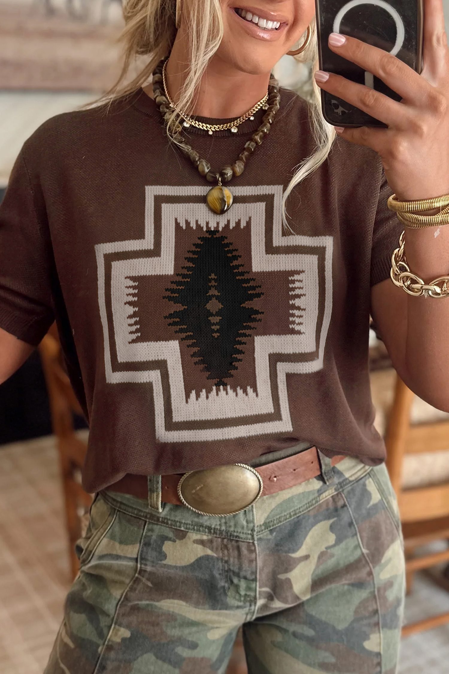 Brown Western Print Short Sleeve Knit Casual Sweater - Image 9
