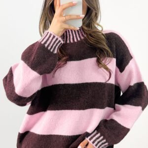 Pink Stripe Contrast High Neck Dropped Shoulder Relaxed Pullover Sweater