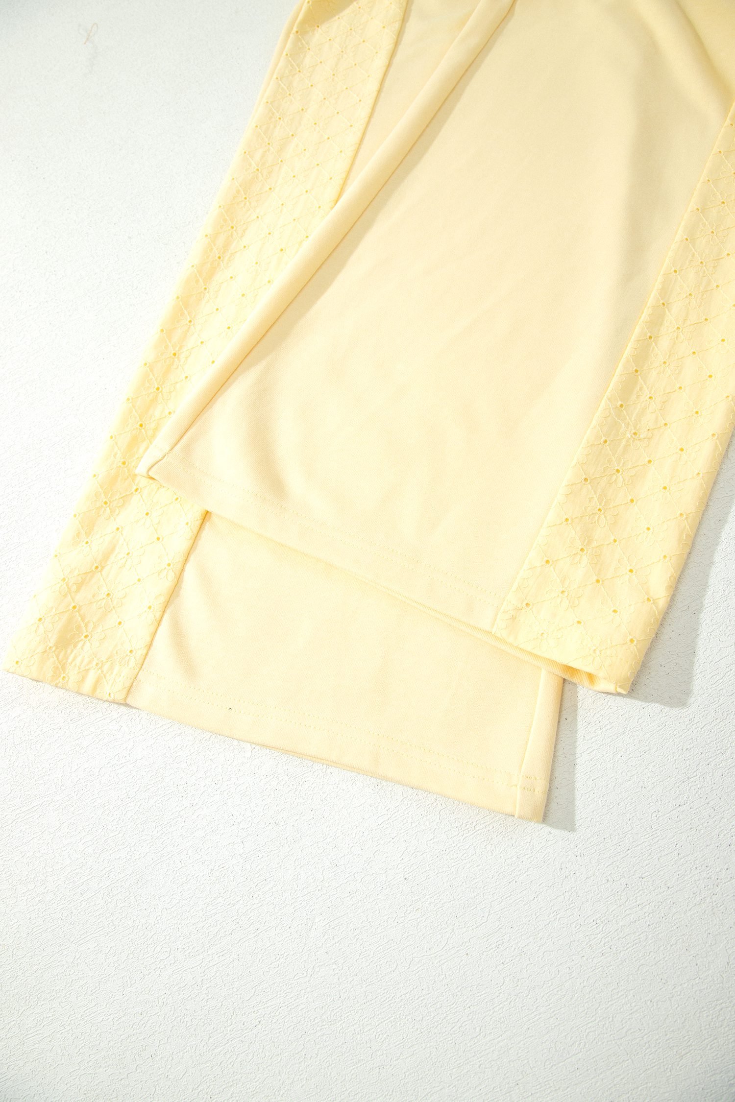Yellow Cream Eyelet Embroidered Lace Patchwork Cropped Pullover Drawstring Pants Set - Image 6