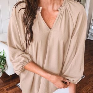 Parchment V Neck Gathered Cuff Three Quarter Sleeve Blouse