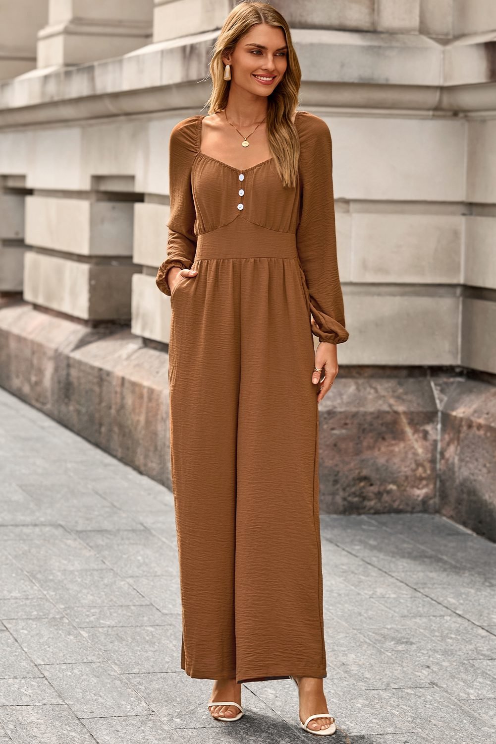 Chestnut Solid Color Long Sleeve Shirred Button Detail Straight Leg Jumpsuit - Image 6