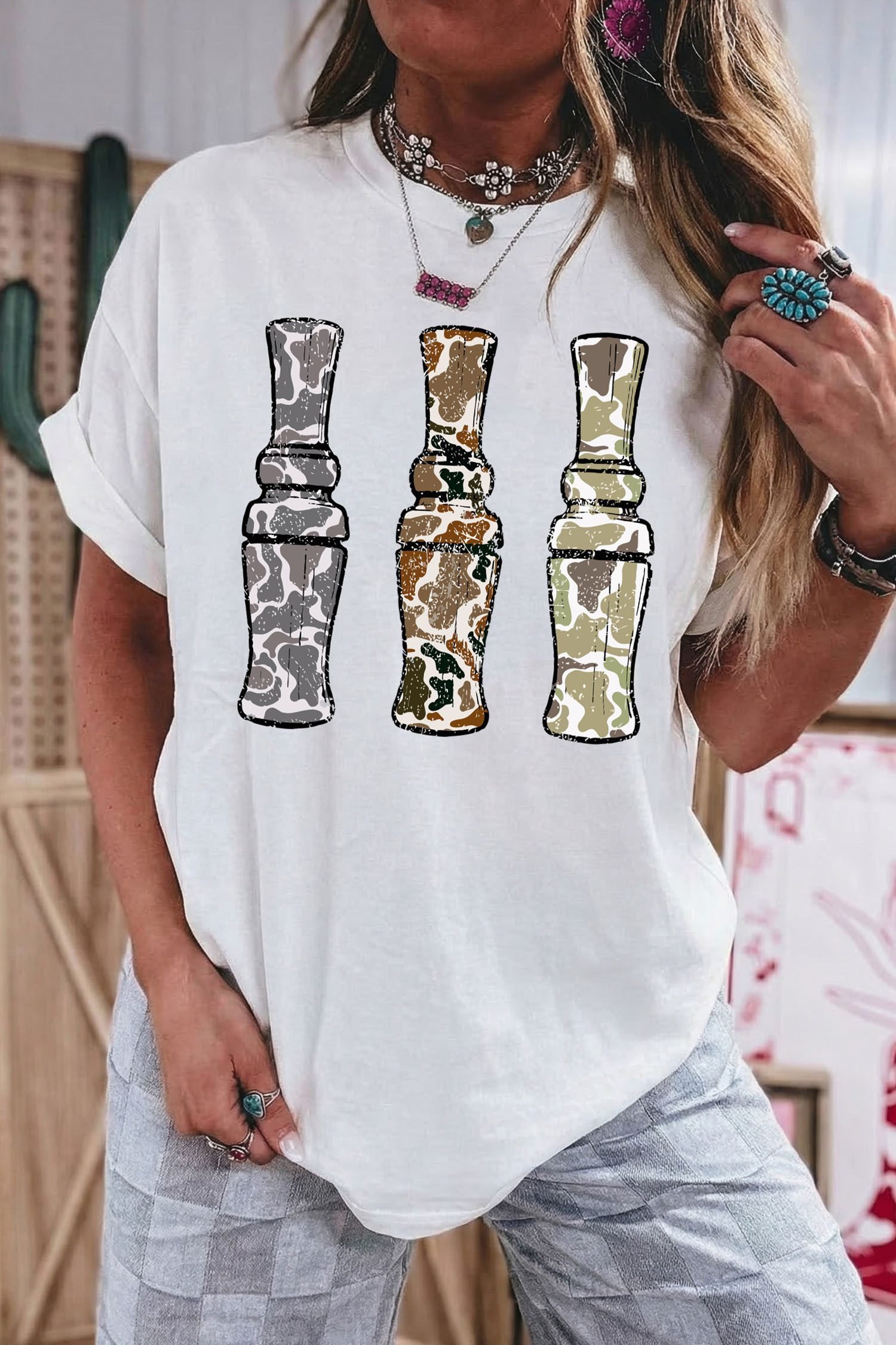 White Stylish Camo Graphic Round Neck Casual T Shirt - Image 3