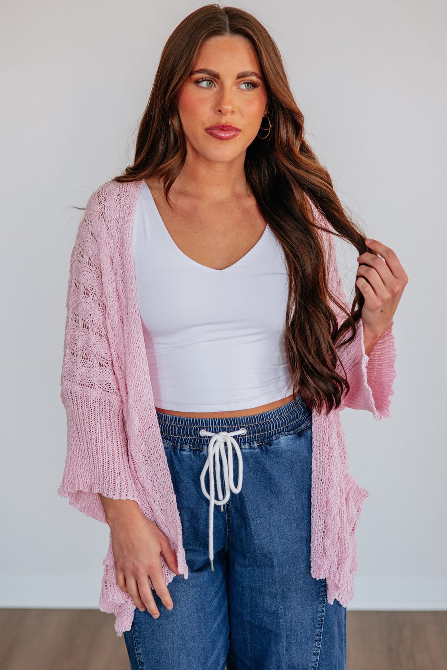 Pink Drop Shoulder Crochet Knit Open Front Cardigan - Image 6